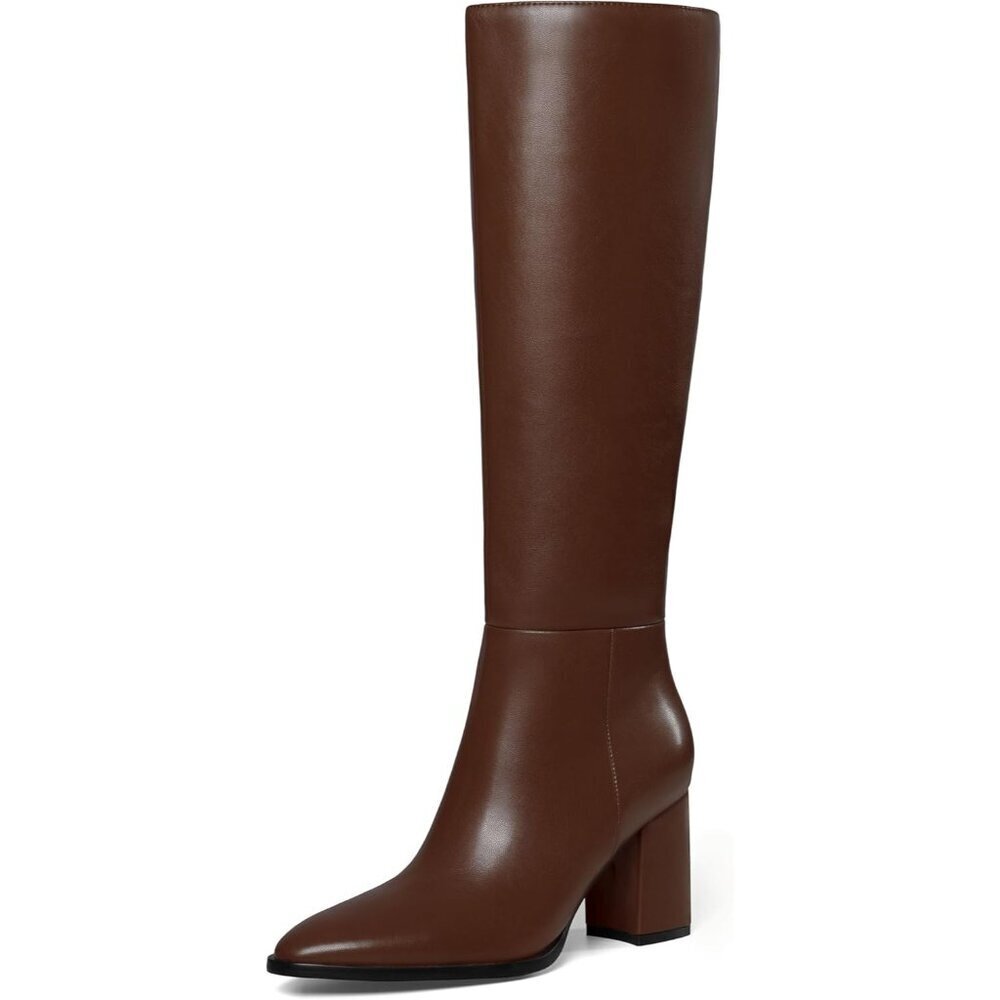 Women's Brown Classic Chunky Heel Pointed Toe High Heel Side Zipper Tall Boot